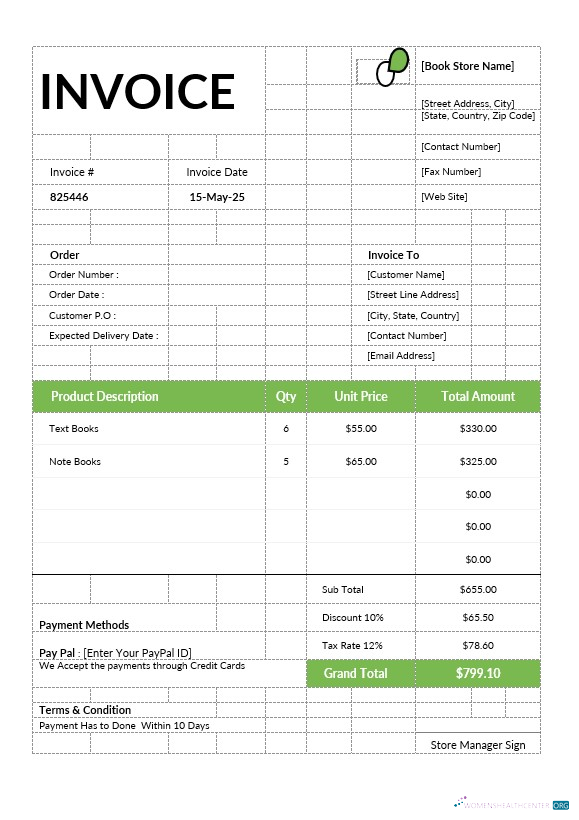 Download Book Store Invoice Photoshop template
